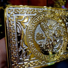 Centenario Cowboy Belt Buckle Western Hebilla Rodeo Silver & Gold Faux 50 Peso
