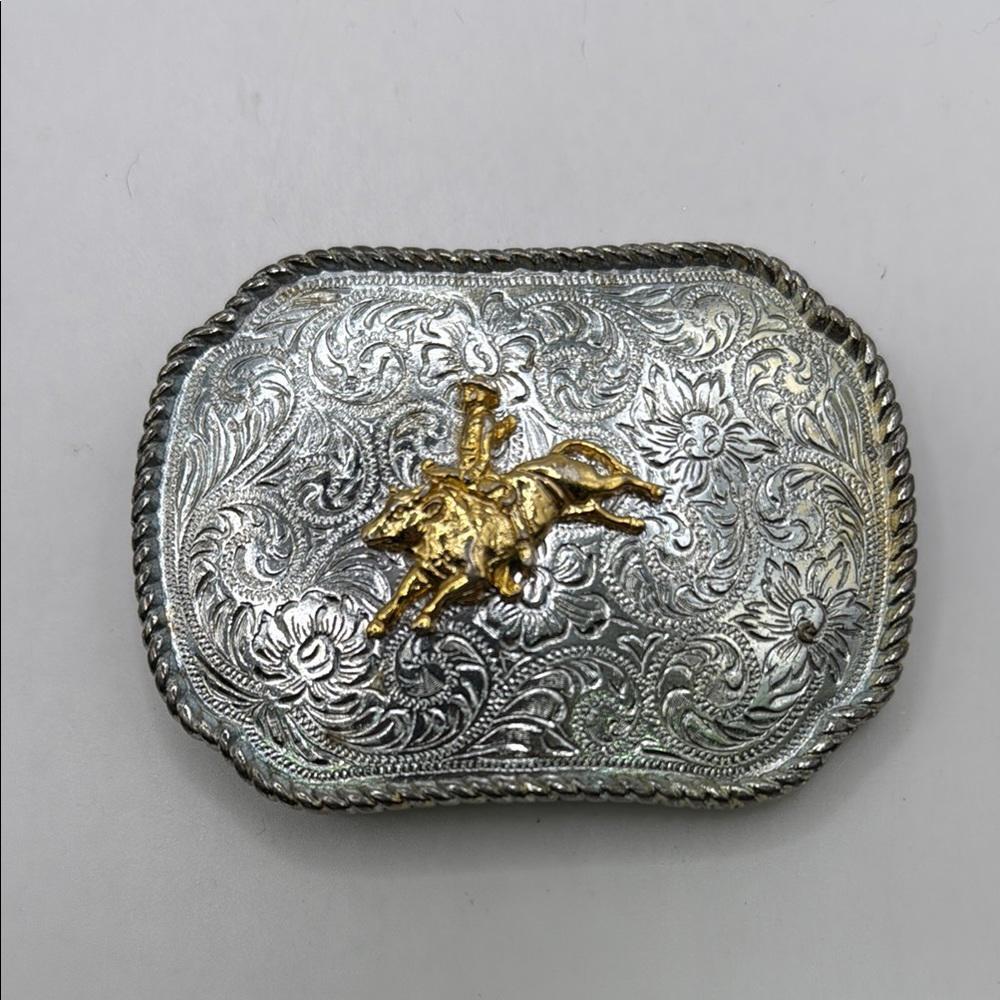 Vintage Silver Tone Plated Belt Buckle Bull Riding Western Cowboy