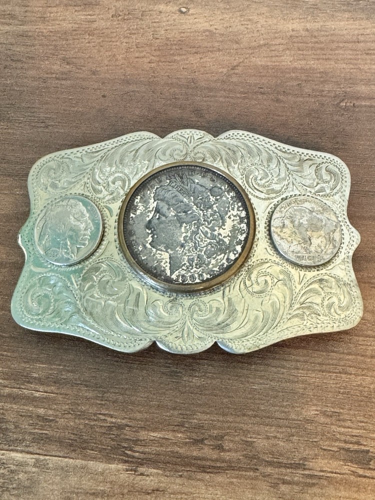 COMSTOCK Vintage German Silver Belt Buckle Morgan Dollar Indian Buffalo Nickel