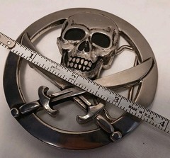 Vintage Silver Star Skull and Swords Belt Buckle Made in USA Jolly Roger Metal
