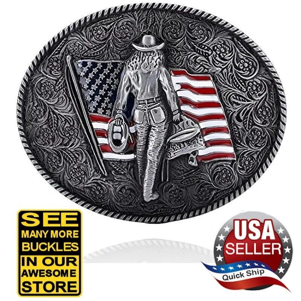 Western Cowgirl Rodeo Roper Silver Tone Cowboy Belt Buckle • American Flag