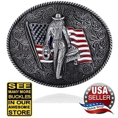 Western Cowgirl Rodeo Roper Silver Tone Cowboy Belt Buckle • American Flag