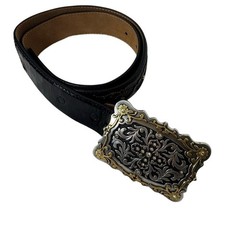 Justin Black Leather Embroidered Belt Ornate Silver Buckle Sz 30 Western Country