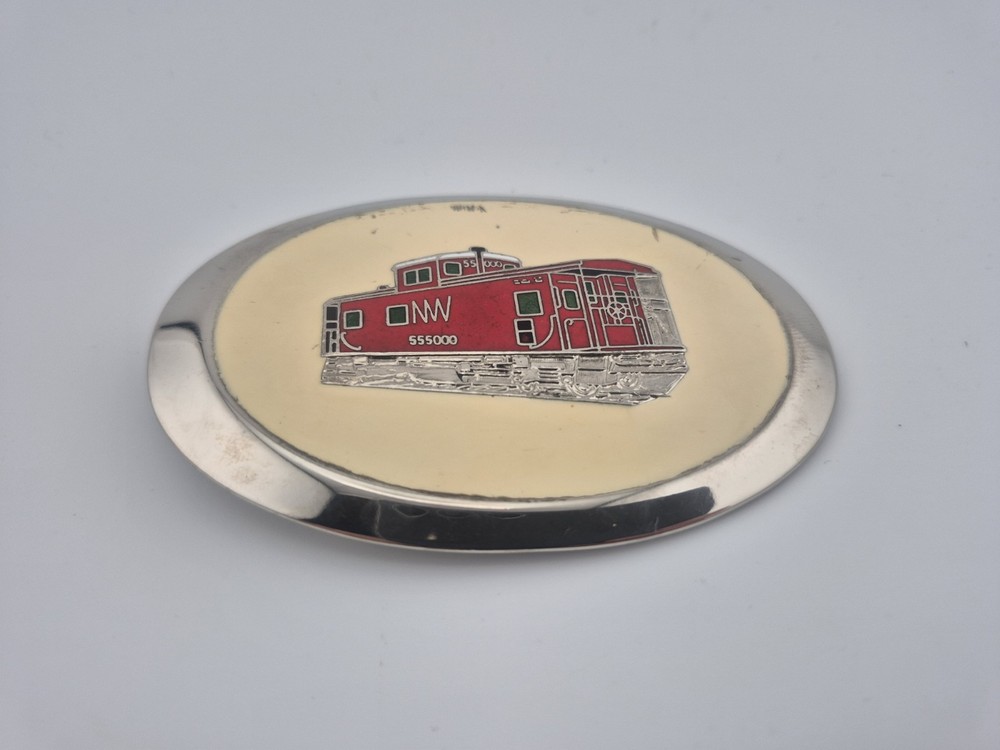 belt buckle oval red silver Norfolk & Western RY railroad 3.75&Prime; long