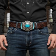 Men Silver Metal Belt Buckle Ethnic Western Vintage Fashion Turquoise Blue Beads