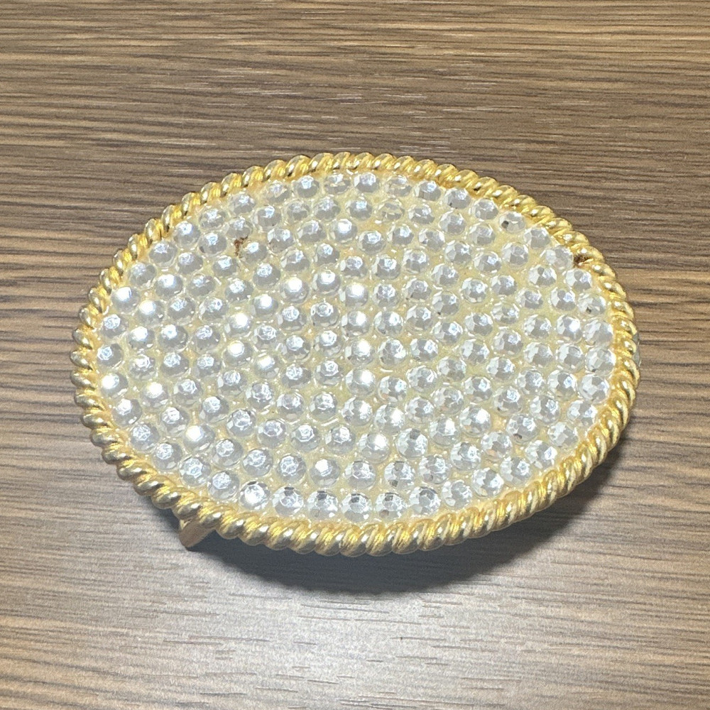 Oval Gold Tone Clear Rhinestone Bling Textured Metal Belt Buckle 1.5&Prime;