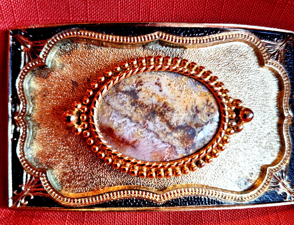 VTG Gold Toned Belt Buckle w Oval Jasper Stone fits 1 .5&Prime; Western Style Belt