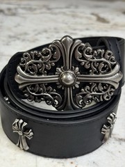 Belt Leather Black Chrome Tone Cross Buckle Size 32 Regular