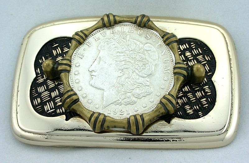 Gold Color Black Weave REAL 1921 Morgan Silver Dollar Belt Buckle EPBB95