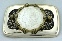 Gold Color Black Weave REAL 1921 Morgan Silver Dollar Belt Buckle EPBB95