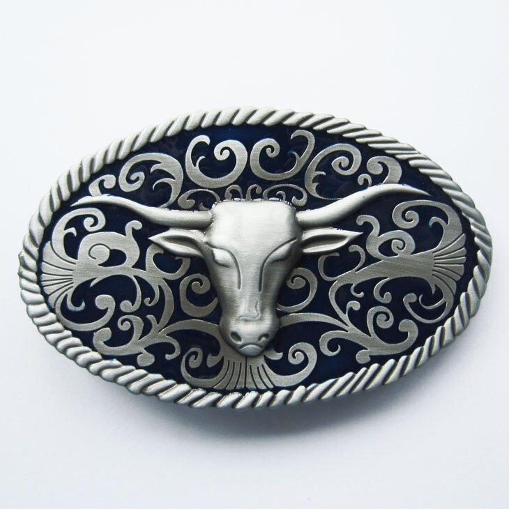 Longhorn Bull Western Blue Enamel Metal Belt Buckle