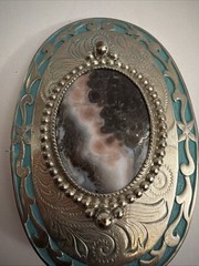 Southwestern Stone Belt Buckle Oval Floral Agate Western Silvertone
