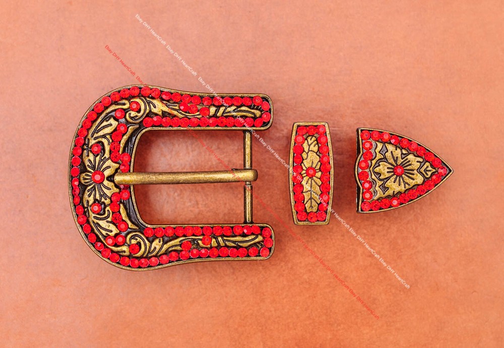 Retro Brass Red Crystal Rhinestone Western Floral Belt Buckle Set Fit 30MM Strap