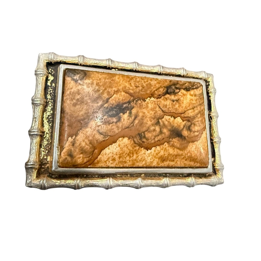 Vintage Gold Tone Metal & Jasper? Stone Belt Buckle W/ Bamboo Style Trim Cowboy
