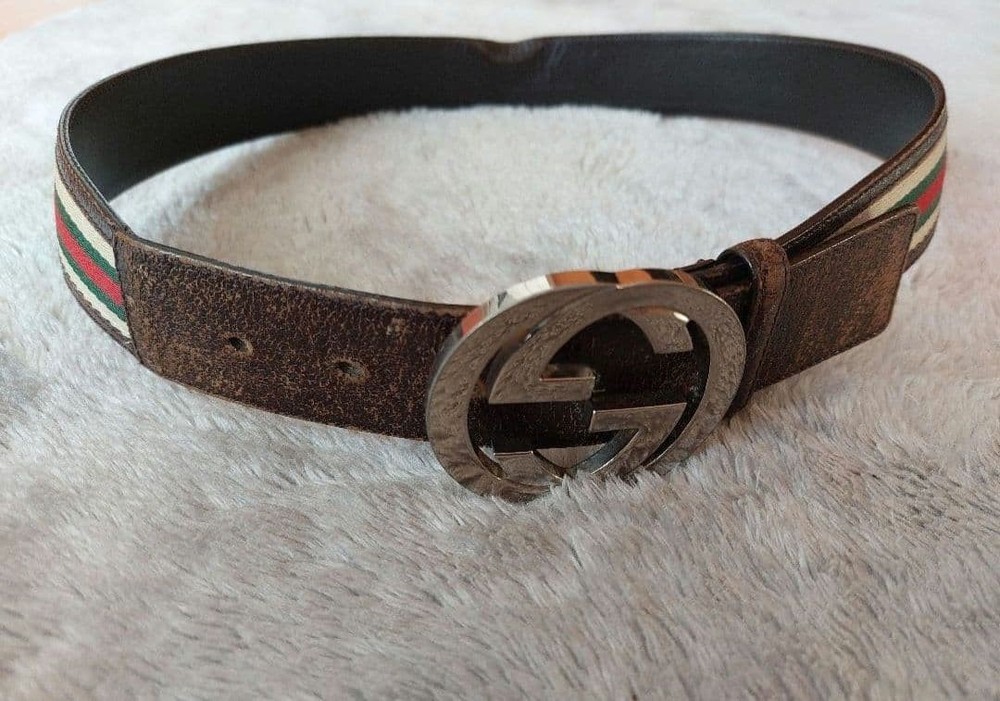 GUCCI Pre-Owned Brown Leather Striped Belt Vintage