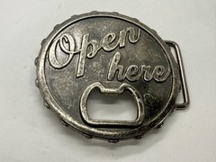 OPEN HERE Bar Party Pick Up Line Novelty Drinking Belt Buckle with Bottle Opener