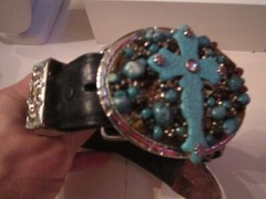 TONYA BOEZI BELT BUCKLE AND BELT – RELIGIOUS CROSS DESIGN CRYSTALS 43&Prime; LONG BELT