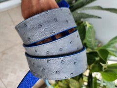 3.8CM Gray/Blue 100% Genuine Ostrich Leather Skin Men Belts Buckle-Handmade