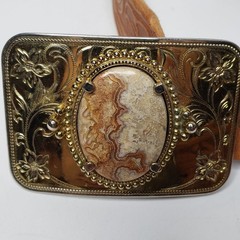 Vintage Three Handmade Western Leather Stone and Redwood Buckle Embossed Belts