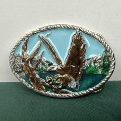 Vintage Eagle Landing On Branch Painted Metal Belt Buckle Silver Tone Nature