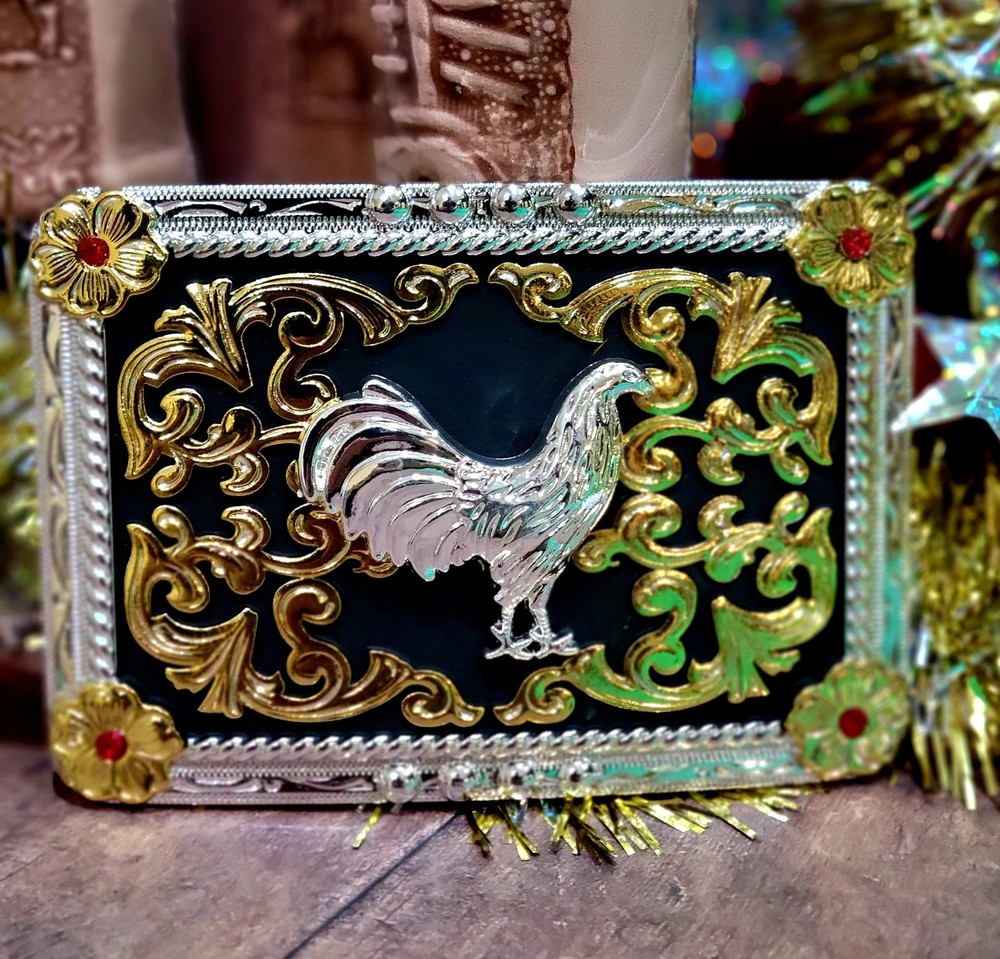 Rooster Western Belt Buckle Black Gold And Silver Rectangle For 2.0 Inch Belt