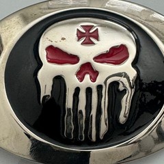 Punisher Skull Belt Buckle Metal Red Black Silver Tone Oval