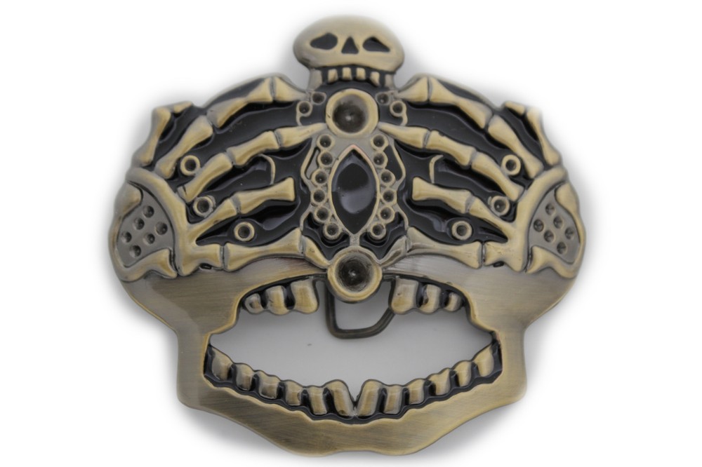 Men Women Dark Gold Belt Buckle Skull Skeleton Bones Pirate King Crown Halloween
