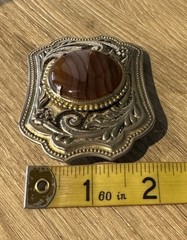 Vintage Western Belt Buckle Carnelian Agate Stone Silver Tone Floral Engraving