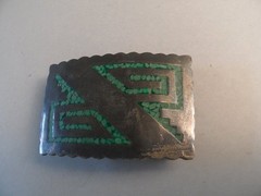Mexico Sterling Silver Belt Buckle Green Inlay Southwestern 2&Prime;x1.5&Prime;