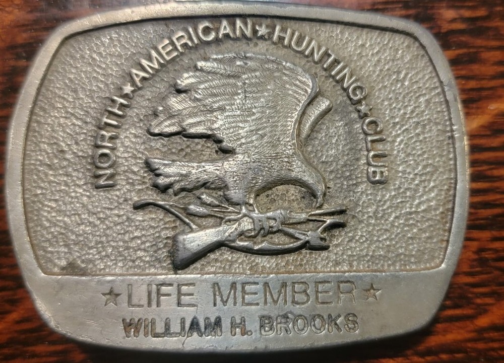 North American Hunting Club Brass Belt Buckle, Life member Inscribed with name