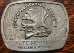 North American Hunting Club Brass Belt Buckle, Life member Inscribed with name