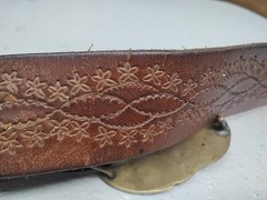 Vtg Mens Ornate Filigree Brass Belt Buckle w 36&Prime; Hand Tooled Brown Leather Belt