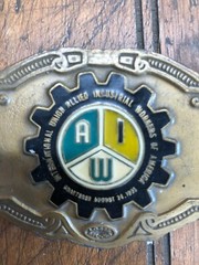 Vintage Brass Belt Buckle-AIW Allied Industrial Workers Union Hit Line