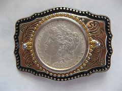 REDUCED $$$, 1900 Morgan Silver Dollar Belt Buckle Black, Gold, Silver Color