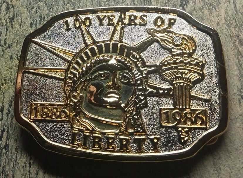 100 Years of Liberty 1886-1986 Gold & Silver Tones Belt Buckle 3 3/8&Prime; x 2 5/8&Prime;