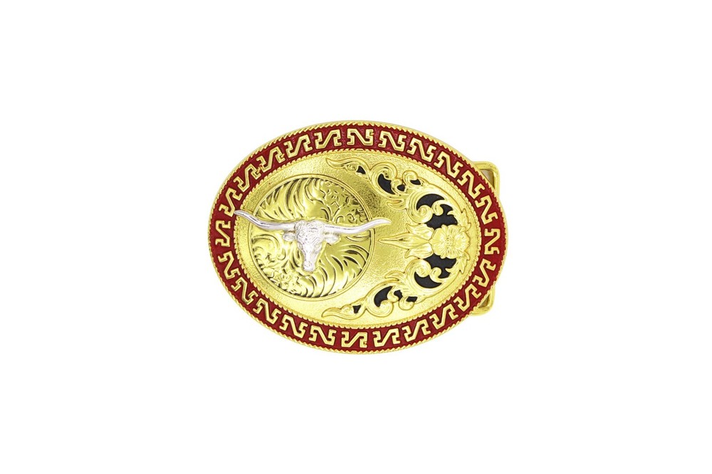 Western Buckle Gold Silver Black Red Longhorn Cowboy Oval 2 » Rodeo Buckle