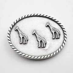 Belt Buckle Giraffe Family Antique Silver Oval Animal Print Safari Nature Design