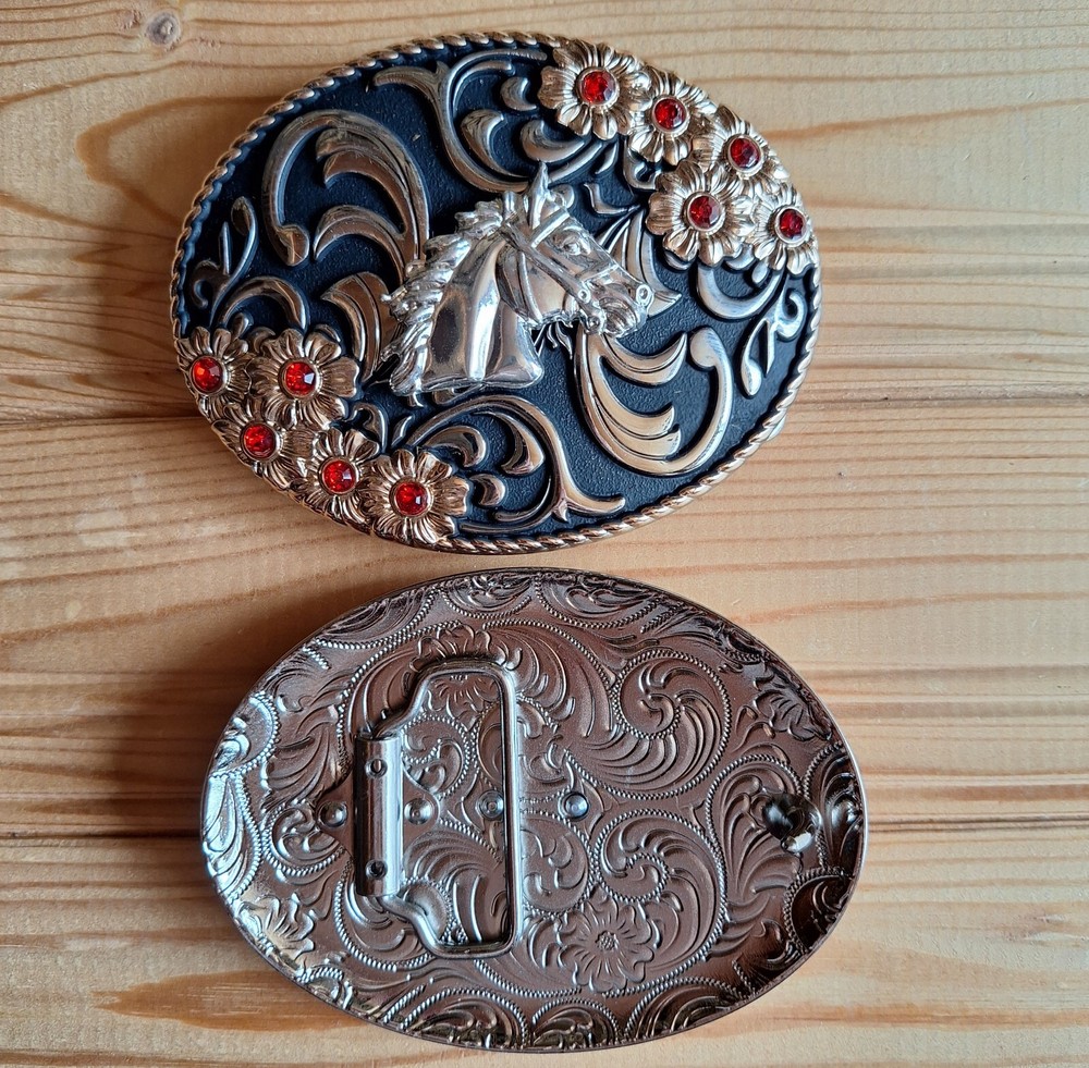 BIG Horse oval stone flowers western black & gold belt buckle (choice designs)