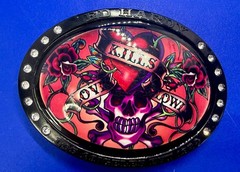 Ed Hardy Love Kills Slowly Signature Tattoo Skull with Rhinestones Belt Buckle