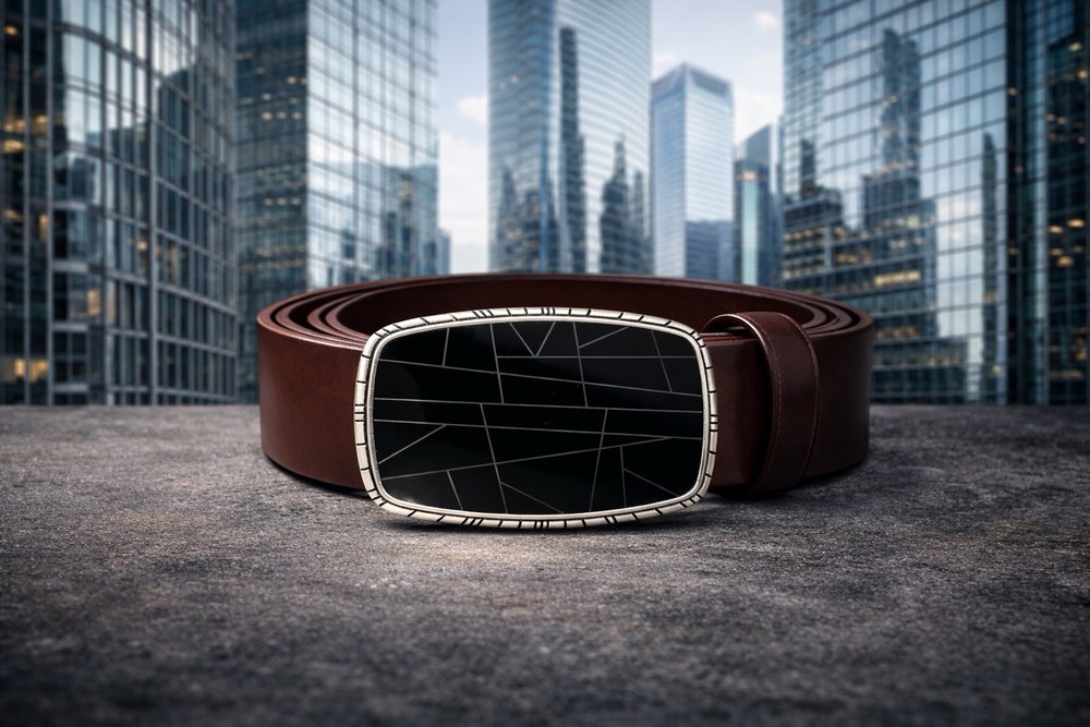 Modern Geometric Belt Buckle – Black Enamel with Silver Lines | 40mm