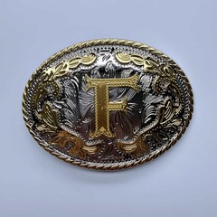 Bright Silver With Gold Initial Letter A-Z Cowboy Cowgirl Oval Belt Buckle