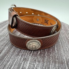 Tony Lama Belt Mens 34 Western Leather Bison Bear Eagle Buckle Brown Silver