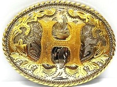 INITIAL H LETTER h MEN WOMEN RODEO REALLY COWBOY STYLE GOLD METAL BELT BUCKLE