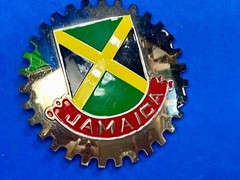 Jamaica Flag colors on Lg. silver color GEAR SHAPED SHIELD BELT BUCKLE ARTIFAKT