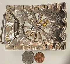 Vintage Metal Belt Buckle, Big Size, Brass and Silver, Bull Riding, Horses