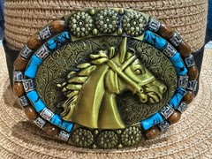 Classic Vintage Western Cowboy Hat Turquoise Beaded Oval Horse Belt Buckle
