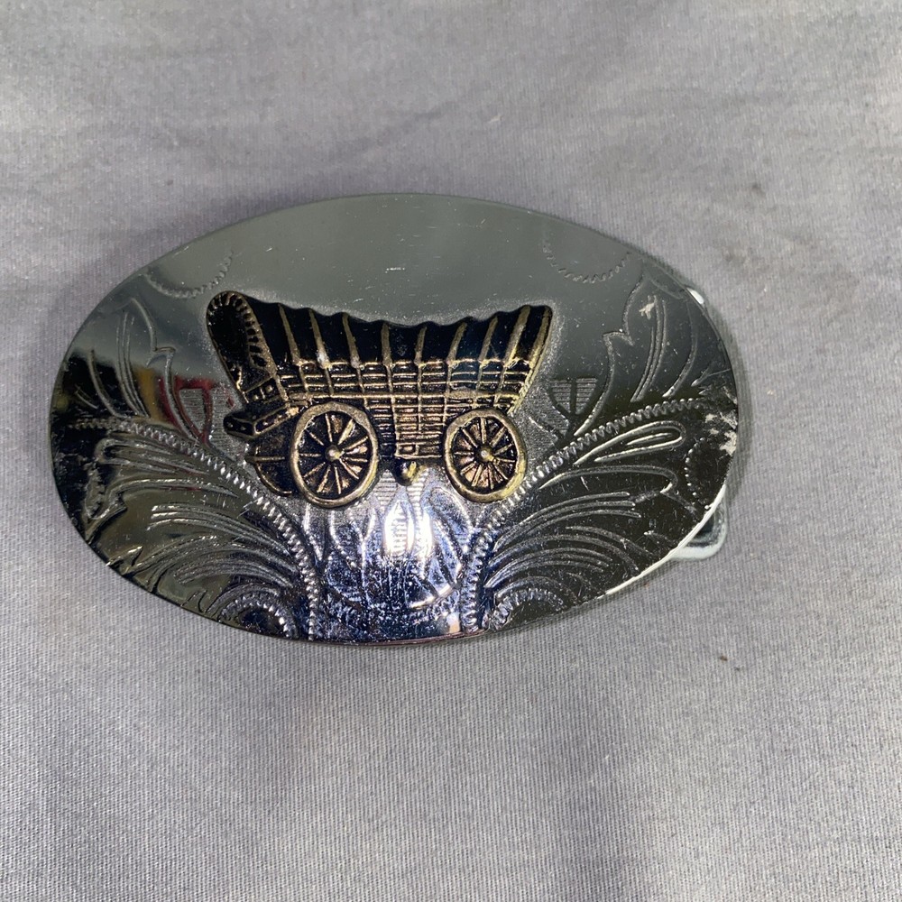 Child Sized Belt Buckle Western Covered Wagon Silver Tone