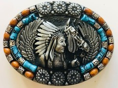 Men -women Belt Buckle Indian Chief horse and eagle wings 1.5&Prime; inlaid stone