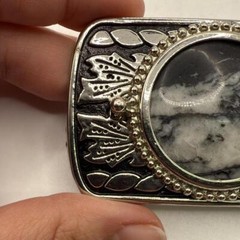 Vintage Silver Tone Black Belt Buckle Marble Stone Design Western Engraved