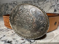 WINDMILL HANDTOOLED Leather w/ USA Silver Tone Vintage Western Belt Buckle Oval